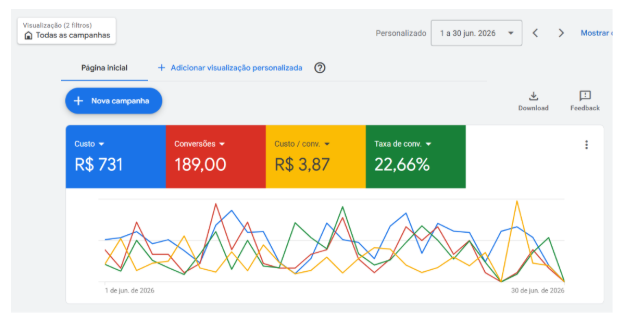 Google Ads: 189 conversões a R$ 3,87 — clínica veterinária